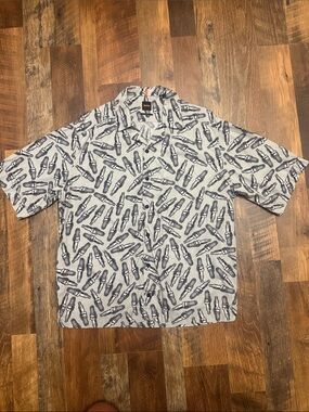 BOSS Hugo Boss Spark Plug Print Camp Collar Button Up Shirt Gray Size S